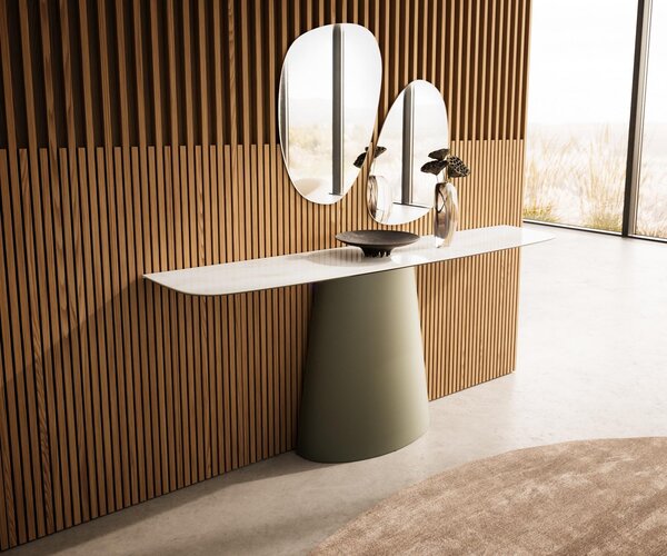 DELIFE Konzolasztal Edge hajóformájú 180x40 cm kerámia ónix pezsgő Conos fém titán színű effekt finish