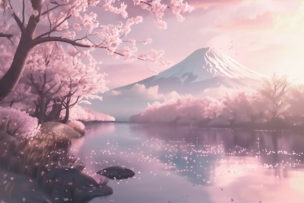 Fotótapéta Nyugodt japán tájkép cseresznyevirágokkal és egy hegyi tóval napkeltekor, Természet fotótapéta, w09864 : Uwalls.hu