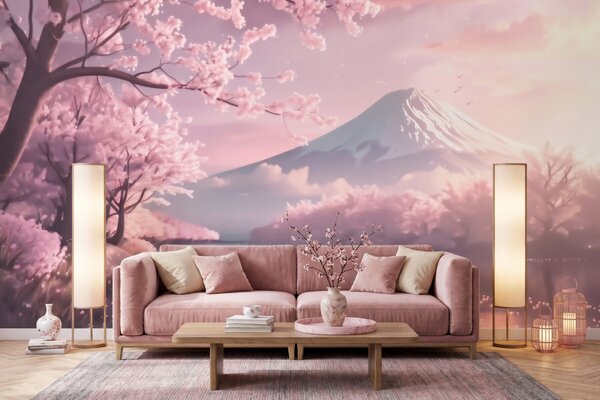 Fotótapéta Nyugodt japán tájkép cseresznyevirágokkal és egy hegyi tóval napkeltekor, Természet fotótapéta, w09864 : Uwalls.hu