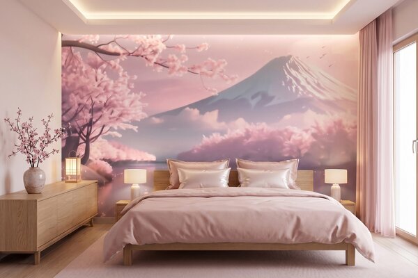 Fotótapéta Nyugodt japán tájkép cseresznyevirágokkal és egy hegyi tóval napkeltekor, Természet fotótapéta, w09864 : Uwalls.hu