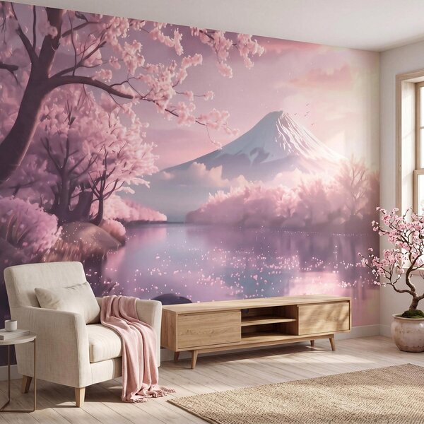 Fotótapéta Nyugodt japán tájkép cseresznyevirágokkal és egy hegyi tóval napkeltekor, Természet fotótapéta, w09864 : Uwalls.hu