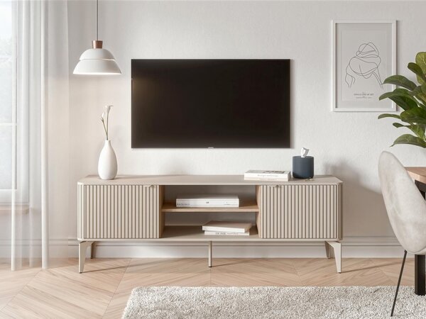 TV-állvány Etcamo 101, Közepes sűrűségű farostlemez, Laminált forgácslap, 56x160x40cm, Kasmír, Cremona tölgy