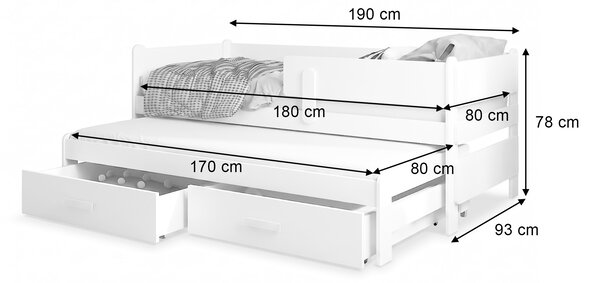 SOLANO gyerekágy 80x180 vendégággyal - fehér