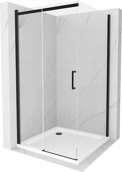 Mexen Omega, tolóajtós zuhanykabin 100 (ajtó) x 100 (fali) cm, 8mm átlátszó üveg, fekete profil + vékony fehér zuhanytálca fekete szifonnal, 825-100-100-70-00-4010B
