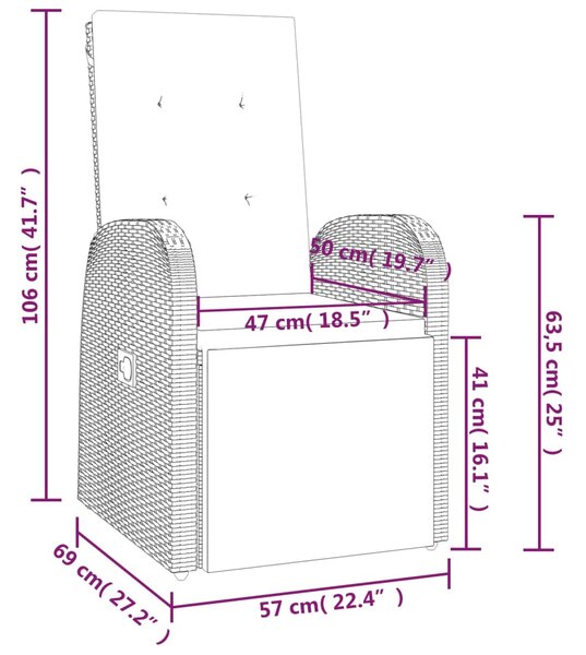 2 db szürke polyrattan dönthető kerti szék párnákkal