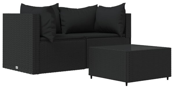 3 részes fekete polyrattan kerti ülőgarnitúra párnákkal