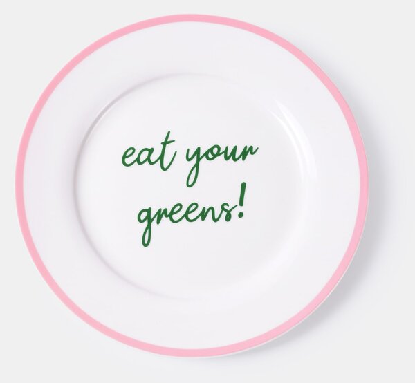 Sinsay - Kerámia tányér "eat your greens!" felirattal és rózsaszín peremmel - pasztellpink