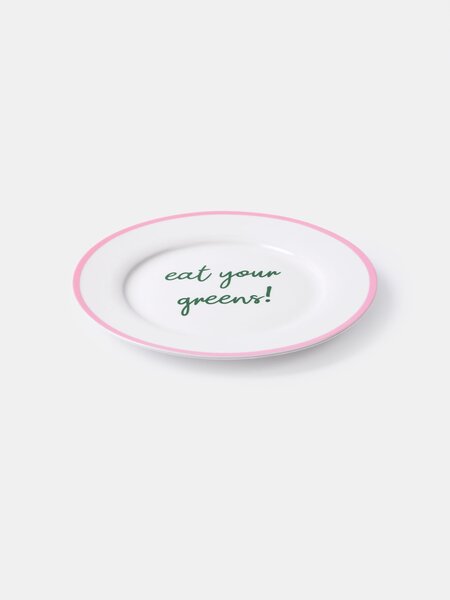 Sinsay - Kerámia tányér "eat your greens!" felirattal és rózsaszín peremmel - pasztellpink