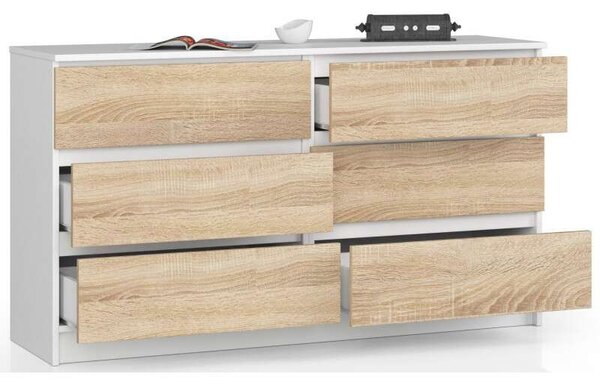 Akord KOMODA K 140 cm 6 Fiókos Fehér/Sonoma Komód, Laminált Tábla, ABS élzárás, Összeszerelés szükséges, Modern Mat Felület, Fehér Test, Sonoma Tölgy Előlap, Blokkolható Fiókokkal