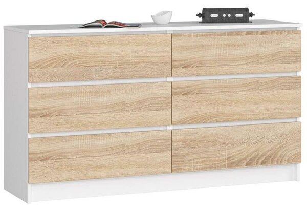 Akord KOMODA K 140 cm 6 Fiókos Fehér/Sonoma Komód, Laminált Tábla, ABS élzárás, Összeszerelés szükséges, Modern Mat Felület, Fehér Test, Sonoma Tölgy Előlap, Blokkolható Fiókokkal