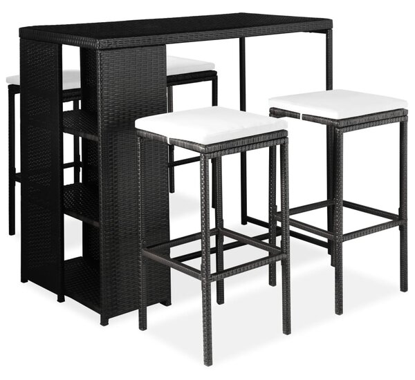 VidaXL 5 darabos fekete polyrattan kerti bárszett párnákkal