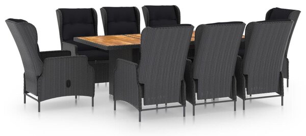 9 részes sötétszürke polyrattan kültéri étkezőszett párnákkal
