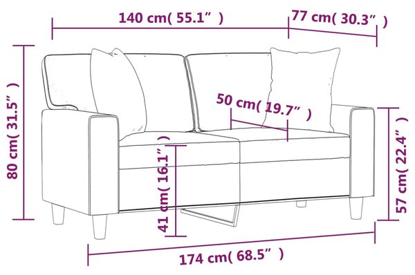 2 személyes szürke műbőr kanapé díszpárnákkal 140 cm