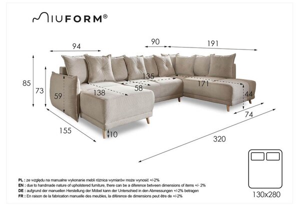 Bézs kordbársony kinyitható sarokkanapé (jobb oldali-U alakú) Lazy Lukka – Miuform