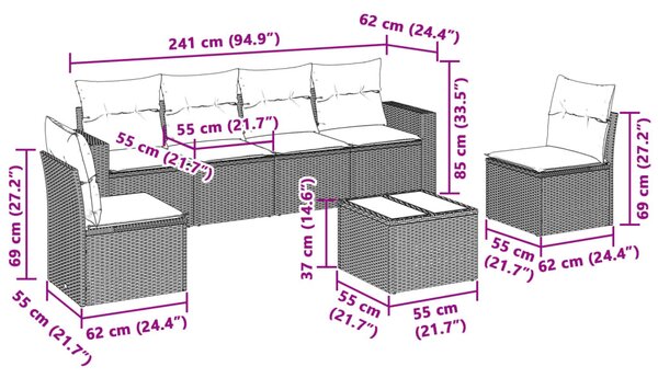 7 részes világosszürke polyrattan kerti ülőgarnitúra párnákkal