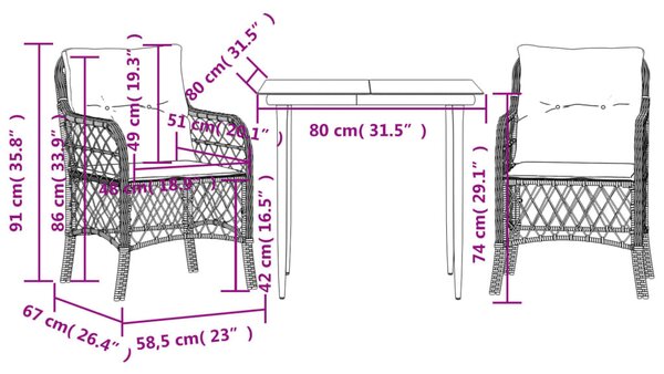 3 részes fekete polyrattan bisztrógarnitúra párnával