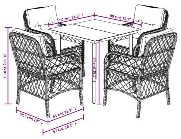 5 részes barna polyrattan kerti étkezőgarnitúra párnákkal