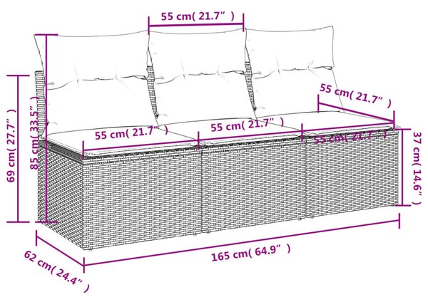 3 személyes szürke polyrattan kerti kanapé párnával