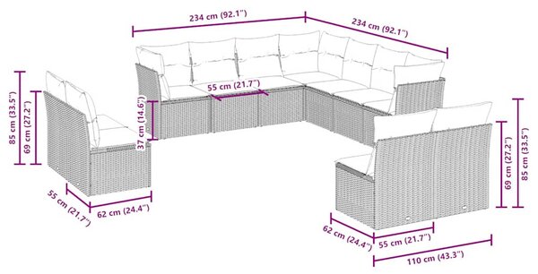 11 részes világosszürke polyrattan kerti ülőgarnitúra párnákkal