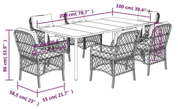7 részes vegyes bézs polyrattan kerti étkezőgarnitúra párnákkal