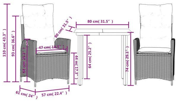 3 részes bézs polyrattan kerti étkezőgarnitúra párnákkal