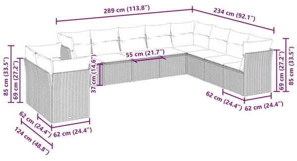 10 részes világosszürke polyrattan kerti ülőgarnitúra párnákkal