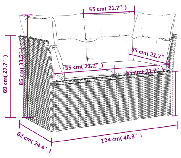 2 személyes barna polyrattan kerti kanapé párnával