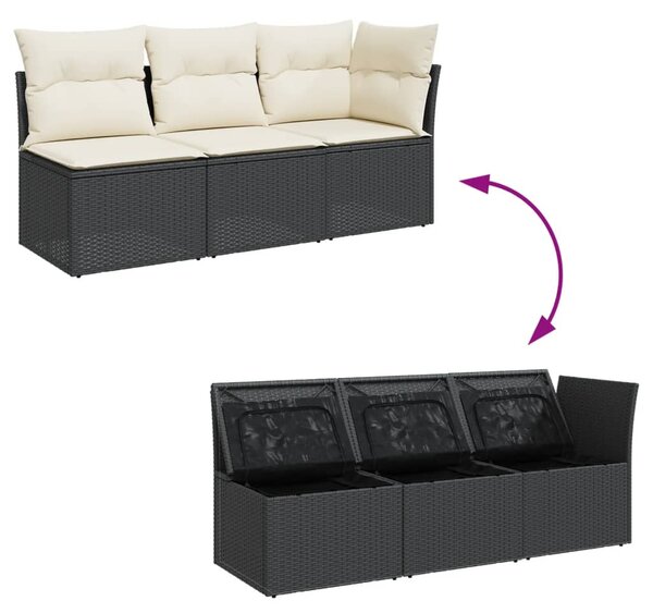 Fekete 3 személyes polyrattan kerti kanapé párnákkal