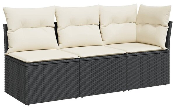Fekete 3 személyes polyrattan kerti kanapé párnákkal