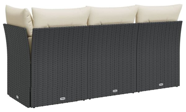 Fekete 3 személyes polyrattan kerti kanapé párnákkal