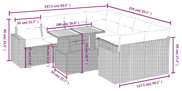 9 részes fekete polyrattan kerti ülőgarnitúra párnákkal