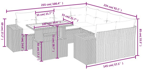 9 részes bézs polyrattan kerti ülőgarnitúra párnákkal