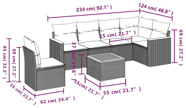 7 részes vegyes bézs polyrattan kerti ülőgarnitúra párnákkal