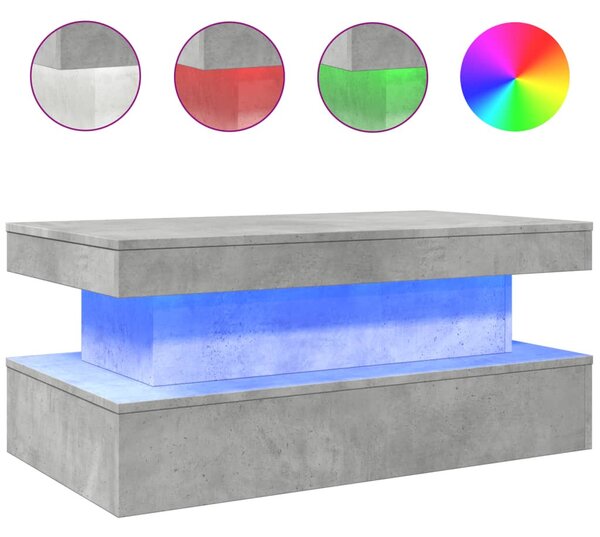 Betonszürke dohányzóasztal LED-lámpákkal 90x50x40 cm
