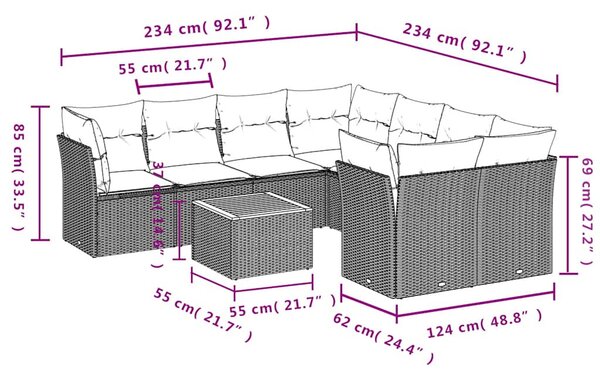 VidaXL 9 részes szürke polyrattan kerti ülőgarnitúra párnával