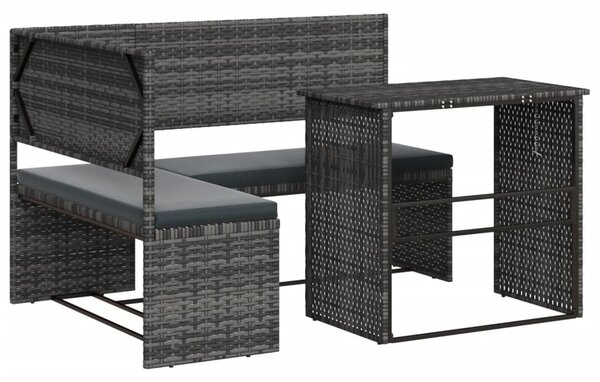 L-alakú szürke polyrattan kerti kanapé asztallal és párnákkal