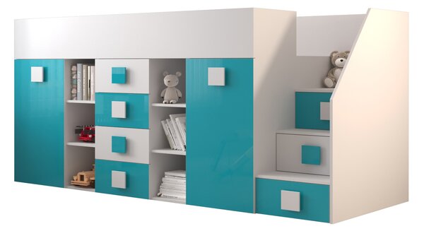 Kombinált gyerekágy 90 cm Toreno 3 (fehér + fényes fehér + fényes türkiz) (J)