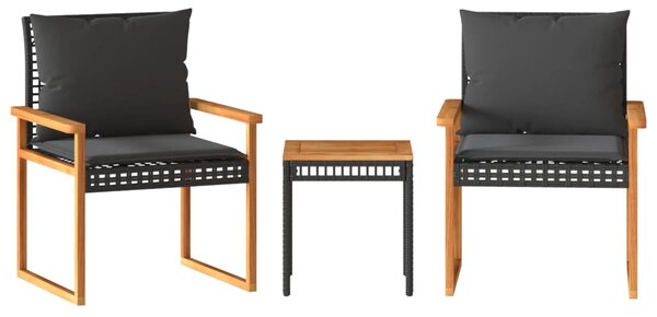 3 részes fekete polyrattan és akácfa bisztrószett párnákkal
