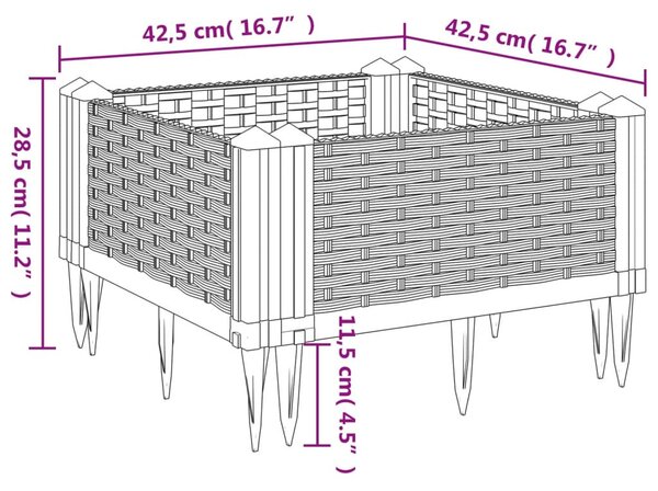 Fehér polipropilén kerti virágláda cövekekkel 42,5x42,5x28,5 cm