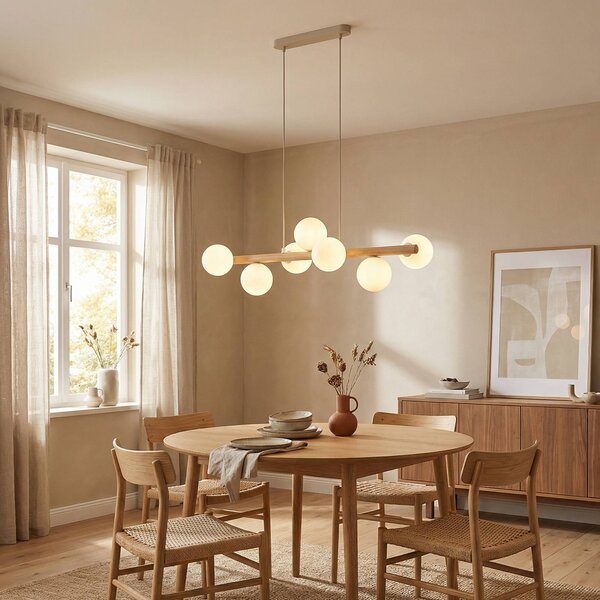 TK Lighting Estera függőlámpa, opál üveg, fa, hét lámpa, dimmelhető, Világos fa, Nappali / Étkező, Üveg