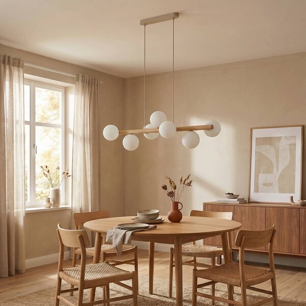 TK Lighting Estera függőlámpa, opál üveg, fa, hét lámpa, dimmelhető, Világos fa, Nappali / Étkező, Üveg