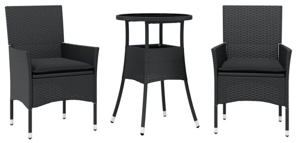 3 részes fekete polyrattan/üveg kerti étkezőgarnitúra párnákkal