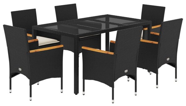 7 részes fekete polyrattan/üveg kerti étkezőgarnitúra párnával