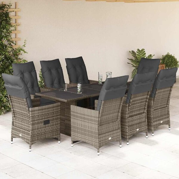 9 részes szürke polyrattan kerti bisztrógarnitúra párnákkal
