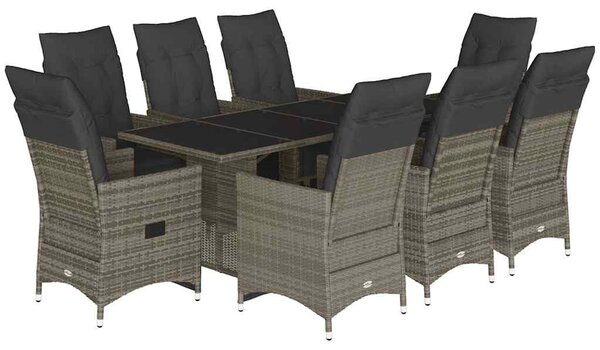 9 részes szürke polyrattan kerti bisztrógarnitúra párnákkal