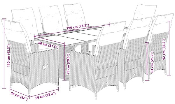9 részes szürke polyrattan kerti bisztrógarnitúra párnákkal