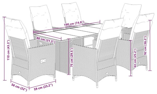 7 részes barna polyrattan kerti bisztrógarnitúra párnákkal