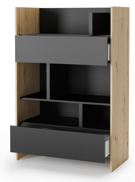 Könyvespolc Concept Lenart IX, Fiókokkal, Nyitott, Laminált forgácslap, 138x92x46cm, Fekete, Artisan tölgy