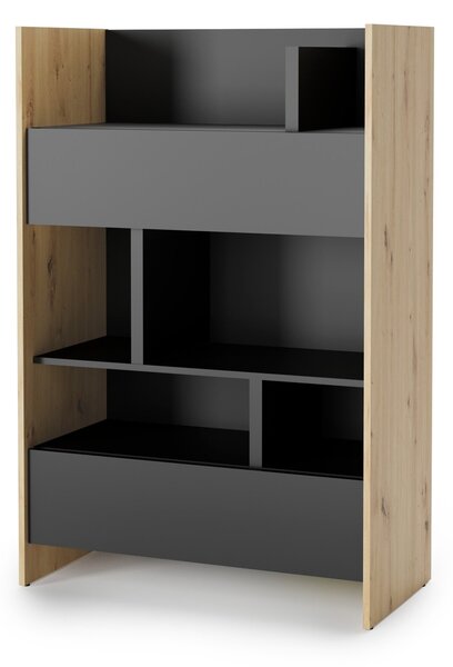 Könyvespolc Concept Lenart IX, Fiókokkal, Nyitott, Laminált forgácslap, 138x92x46cm, Fekete, Artisan tölgy