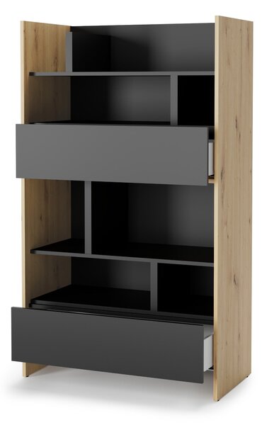 Könyvespolc Concept Lenart X, Fiókokkal, Nyitott, Laminált forgácslap, 158x92x46cm, Fekete, Artisan tölgy